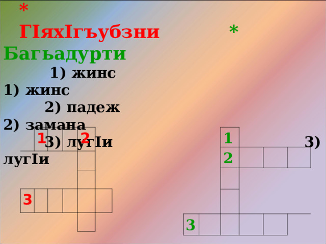 5. Кроссворд кьукьяла вег I бек I унас. * Г I ях I гъубзни   * Багьадурти  1) жинс 1) жинс  2) падеж 2) замана  3) луг I и 3) луг I и         1     1     2 3 3   2               