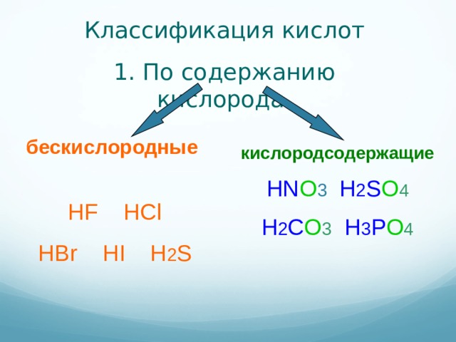 Классификация кислот 1. По содержанию кислорода. бескислородные   HF  HCl HBr  HI  H 2 S кислородсодержащие HN O 3  H 2 S O 4 H 2 C O 3  H 3 P O 4  