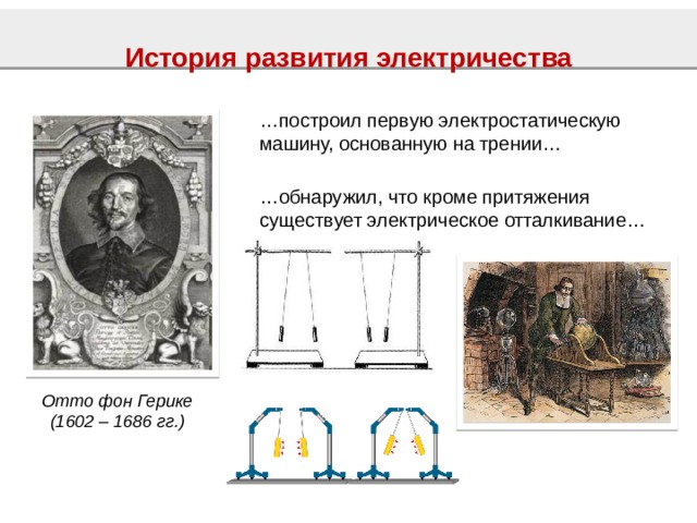 История развития электричества … построил первую электростатическую машину, основанную на трении… … обнаружил, что кроме притяжения существует электрическое отталкивание… Отто фон Герике (1602 – 1686 гг.) 