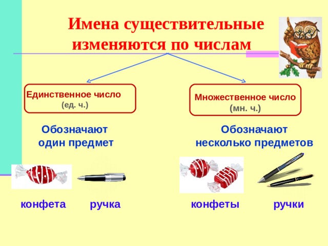  Имена существительные  изменяются по числам  Единственное число  (ед. ч.) Множественное число (мн. ч.) Обозначают один предмет Обозначают несколько предметов конфета ручка конфеты ручки 