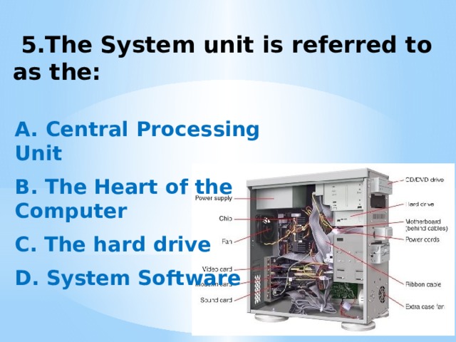  5.The System unit is referred to as the:   A. Central Processing Unit  B. The Heart of the Computer  C. The hard drive  D. System Software 