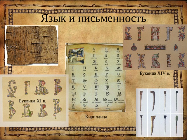 Язык и письменность Буквица XIV в. Буквица XI в. Кириллица 