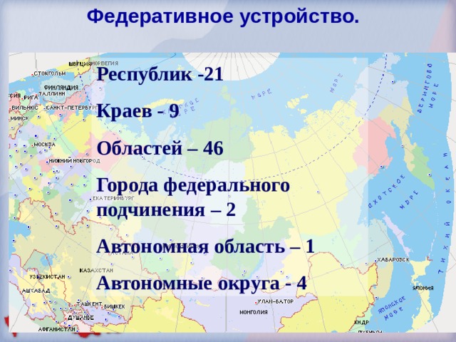  Федеративное устройство. Республик -21 Краев - 9 Областей – 4 6 Города федерального подчинения – 2 Автономная область – 1 Автономные округа - 4    