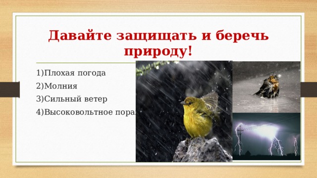 Давайте защищать и беречь природу! 1)Плохая погода 2)Молния 3)Сильный ветер 4)Высоковольтное поражение 