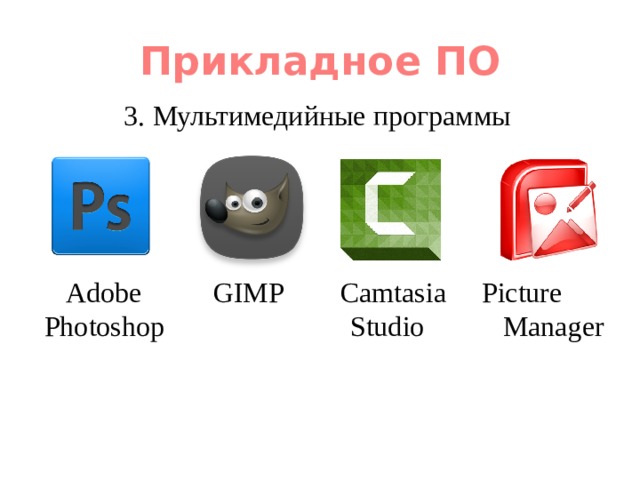 Прикладное ПО 3. Мультимедийные программы  Adobe GIMP Camtasia  Picture Photoshop Studio Manager 