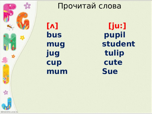 Прочитай слова  [ᴧ] [ju:]  bus pupil  mug student  jug tulip  cup cute  mum Sue 
