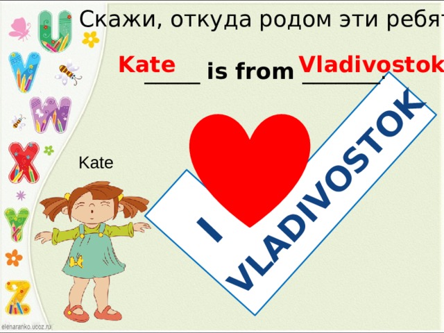 I VLADIVOSTOK Скажи, откуда родом эти ребята Kate Vladivostok _____ is from _______. Kate 