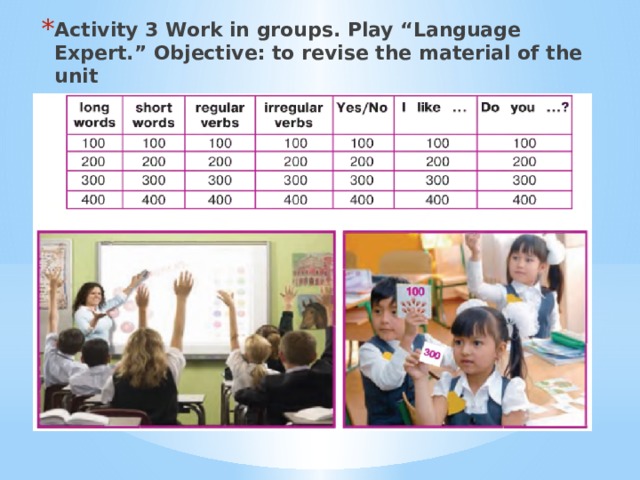 Activity 3 Work in groups. Play “Language Expert.” Objective: to revise the material of the unit 