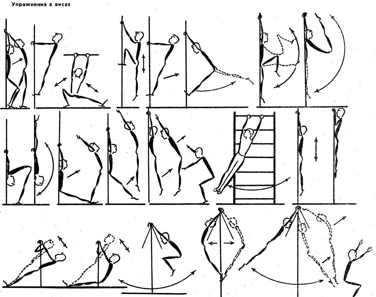 Движения стенок. Упражнения на гимнастических снарядах (висы: простые, смешанные).. Схематичные рисунки упражнений. Упоры на гимнастических снарядах. Упражнения на гимнастической стенке.