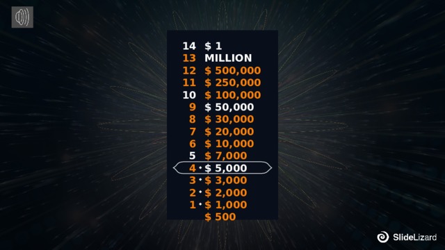 14 $ 1 MILLION $ 500,000 13 12 $ 250,000 11 $ 100,000 $ 50,000 10 $ 30,000 9 $ 20,000 8 $ 10,000 7 $ 7,000 6 $ 5,000 5 4 $ 3,000 $ 2,000 3 2 $ 1,000 $ 500 1 