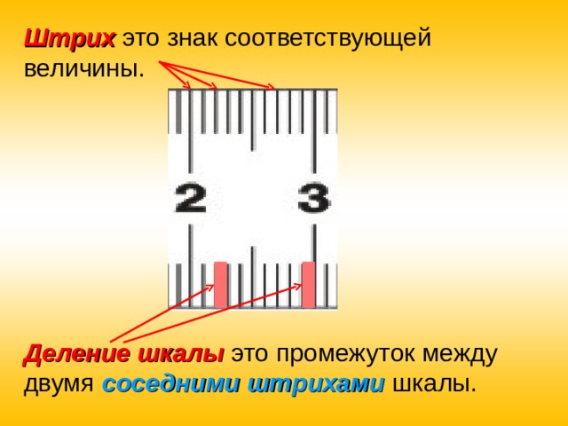 Штрих это знак соответствующей величины. Деление шкалы это промежуток между двумя соседними  штрихами шкалы. 