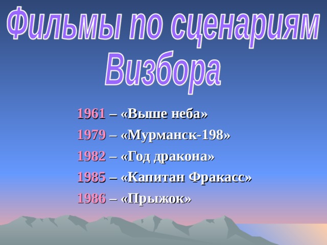 1961 – «Выше неба» 1979 – «Мурманск-198» 1982 – «Год дракона» 1985 – «Капитан Фракасс» 1986 – «Прыжок» 
