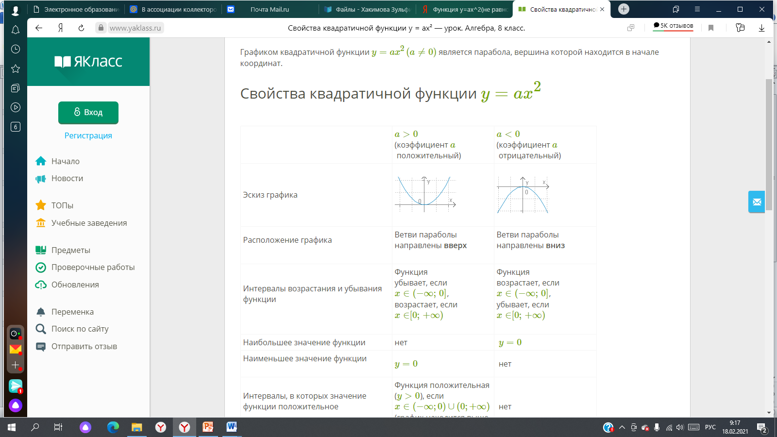 Функция y=ax^2(не равно 0). Свойства функции. Возрастание и убывание  функции. Нахождение нулей квадратичной функции, множества значений,  промежутков знакопостоянства, промежутков монотонности.