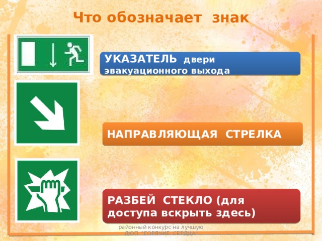 Что обозначает знак УКАЗАТЕЛЬ двери эвакуационного выхода НАПРАВЛЯЮЩАЯ СТРЕЛКА РАЗБЕЙ СТЕКЛО (для доступа вскрыть здесь) районный конкурс на лучшую ДЮП 