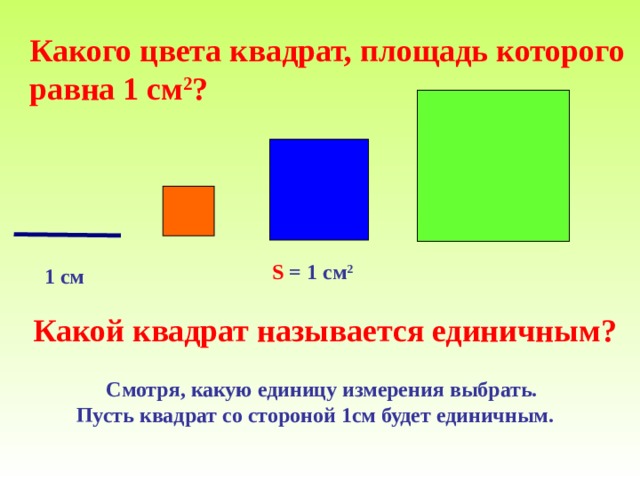 Какого цвета квадрат, площадь которого равна 1 см 2 ?  S  = 1 см 2 1 см Какой квадрат называется единичным ?  Смотря, какую единицу измерения выбрать. Пусть квадрат со стороной 1см будет единичным.  