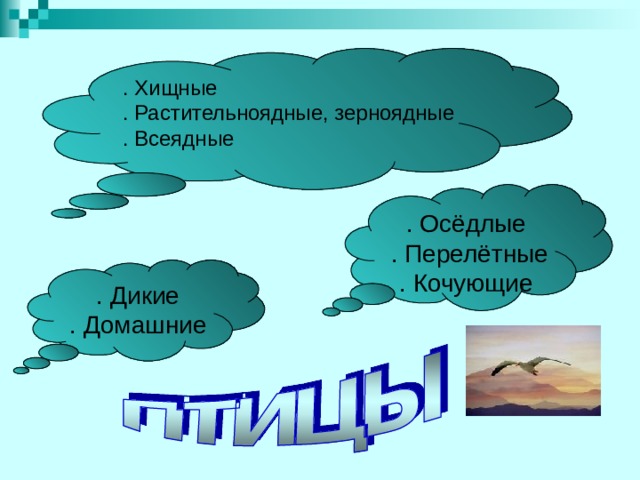 . Хищные . Растительноядные, зерноядные . Всеядные . Осёдлые . Перелётные . Кочующие . Дикие . Домашние 