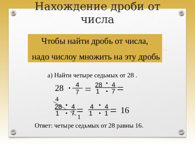 Нахождение дроби от числа Чтобы найти дробь от числа,  надо числоу множить на эту дробь а) Найти четыре седьмых от 28 . · 4 28 = 4 28 · · 1 7 7 4 · · = 4 4 4 = 28 16 · · 1 1 1 7 1 Ответ: четыре седьмых от 28 равны 16. 