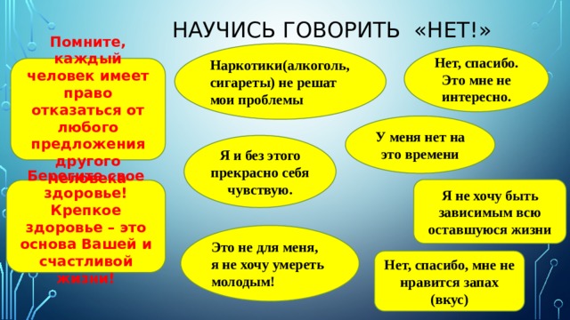  научись говорить «нет!» Наркотики(алкоголь,сигареты) не решат мои проблемы Нет, спасибо. Это мне не интересно. Помните, каждый человек имеет право отказаться от любого предложения другого человека У меня нет на это времени Я и без этого прекрасно себя чувствую. Я не хочу быть зависимым всю оставшуюся жизни Берегите свое здоровье! Крепкое здоровье – это основа Вашей и счастливой жизни! Это не для меня, я не хочу умереть молодым! Нет, спасибо, мне не нравится запах (вкус) 