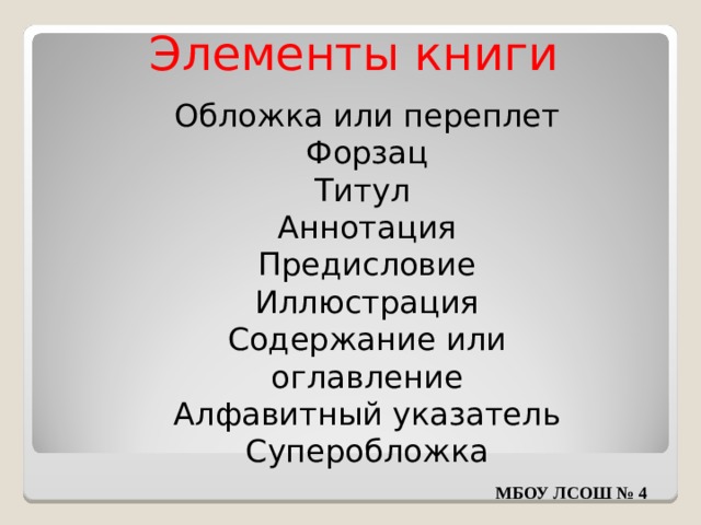 Элементы книги Обложка или переплет Форзац Титул Аннотация Предисловие Иллюстрация Содержание или оглавление Алфавитный указатель Суперобложка МБОУ ЛСОШ № 4 