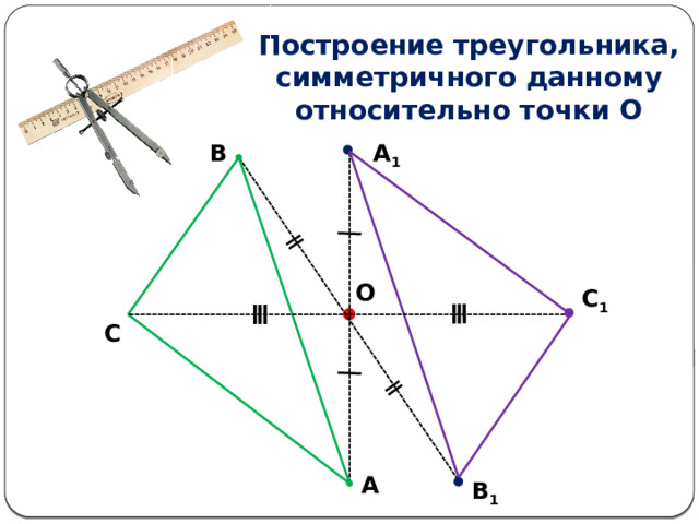 ǁ ǁ ≡ ≡ Построение треугольника, симметричного данному относительно точки О B A 1 О С 1 С A B 1 
