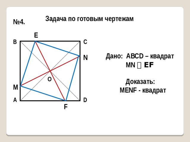 Задача по готовым чертежам № 4. E В С Дано: АВСD – квадрат MN ⏊ EF N О Доказать: MENF - квадрат M А D F 