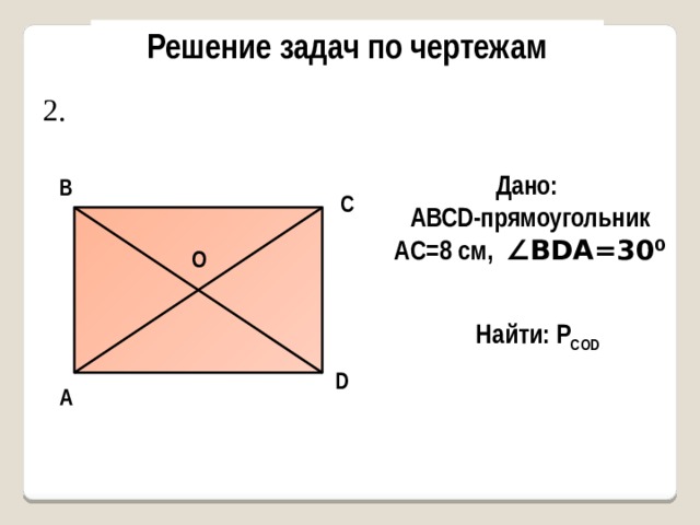 Решение задач по чертежам 2. Дано: AВСD-прямоугольник AC=8 см, ∠BDA=30 0 В С О Найти: Р СOD D А 