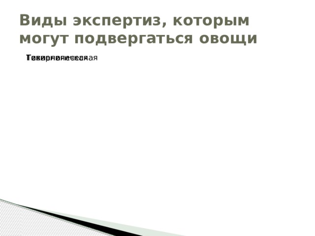 Виды экспертиз, которым могут подвергаться овощи Товарная Технологическая Гигиеническая 