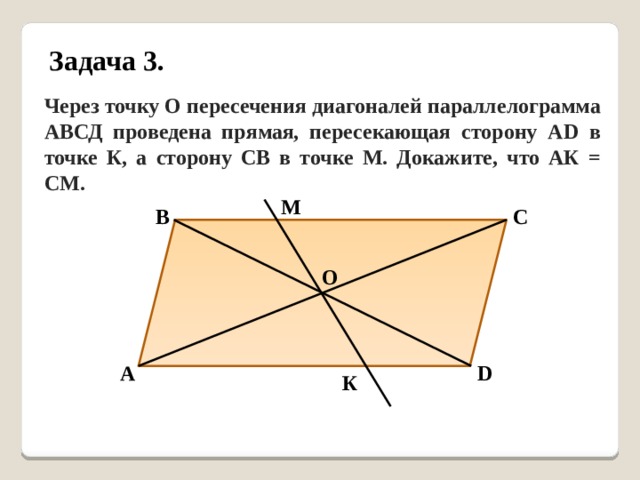 Задача 3. Через точку О пересечения диагоналей параллелограмма АВСД проведена прямая, пересекающая сторону АD в точке К, а сторону СВ в точке М. Докажите, что АК = СМ. М В С О А D К 