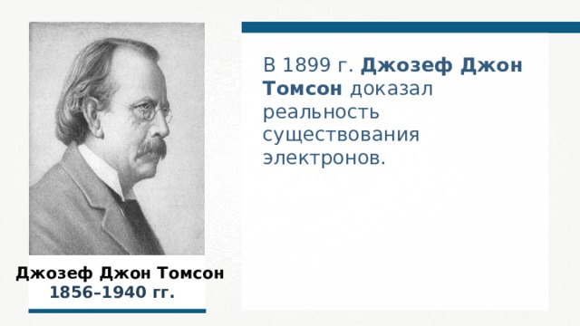 В 1899 г. Джозеф Джон Томсон доказал реальность существования электронов.  Джозеф Джон Томсон  1856–1940  гг.  