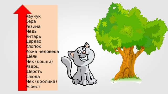 Каучук Сера Резина Медь Янтарь Дерево Хлопок Кожа человека Шёлк Мех (кошки) Кварц Шерсть Слюда Мех (кролика) Асбест 