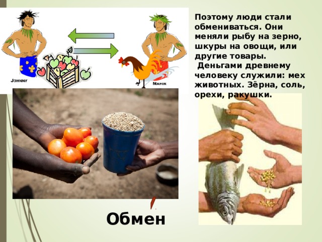 Поэтому люди стали обмениваться. Они меняли рыбу на зерно, шкуры на овощи, или другие товары.  Деньгами древнему человеку служили: мех животных. Зёрна, соль, орехи, ракушки. Обмен 
