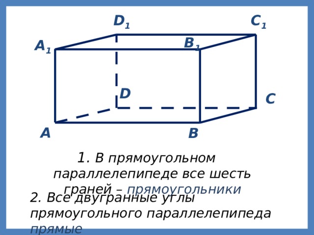 D 1 C 1 B 1 A 1 D  С А В  В прямоугольном параллелепипеде все шесть граней – прямоугольники 2. Все двугранные углы прямоугольного параллелепипеда прямые  