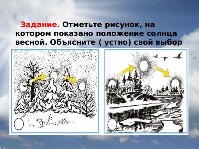   Задание. Отметьте рисунок, на котором показано положение солнца весной. Объясните ( устно) свой выбор 