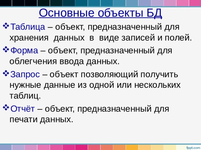 Основные объекты БД Таблица – объект, предназначенный для хранения данных в виде записей и полей. Форма – объект, предназначенный для облегчения ввода данных. Запрос – объект позволяющий получить нужные данные из одной или нескольких таблиц. Отчёт – объект, предназначенный для печати данных. 