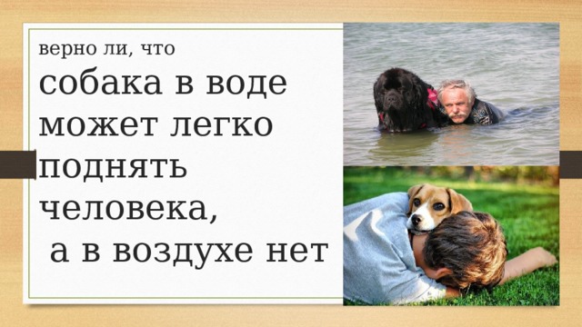 верно ли, что  собака в воде может легко поднять человека, а в воздухе нет 