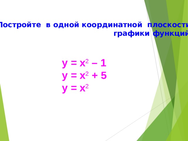 Постройте в одной координатной плоскости  графики функций: у = х 2 – 1 у = х 2 + 5 у = х 2 