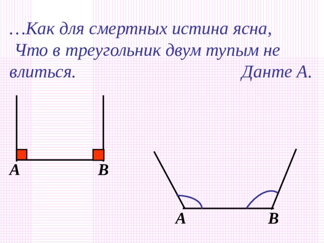 Теорема: Сумма  углов  треугольника равна 180  . Дано: ∆ ABC B Доказать:  А+  B +  C =180  а 5 4 2 Доказательство:  1)Д . п . прямую а || AC 2)  4 =  1  5 =  3 3) Т . к .  4+  2+  5=180  ,  3 то  1 +  2+  3 =180  1 или  A+  B+  C=180  C  A 
