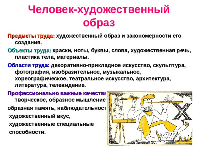 Человек-художественный образ Предметы труда: художественный образ и закономерности его создания. Объекты труда: краски, ноты, буквы, слова, художественная речь, пластика тела, материалы. Области труда: декоративно-прикладное искусство, скульптура, фотография, изобразительное, музыкальное, хореографическое, театральное искусство, архитектура, литература, телевидение. Профессионально важные качества для успешной деятельности: творческое, образное мышление, образная память, наблюдательность,  художественный вкус,  художественные специальные  способности. 