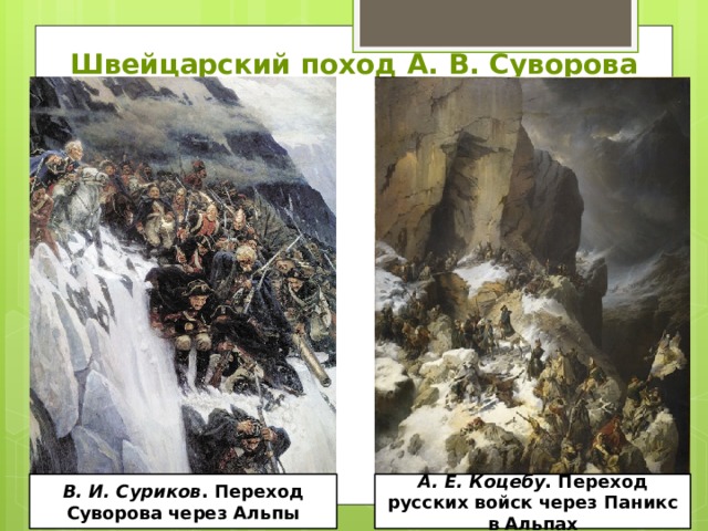 Швейцарский поход А. В. Суворова В. И. Суриков . Переход Суворова через Альпы А. Е. Коцебу . Переход русских войск через Паникс в Альпах 