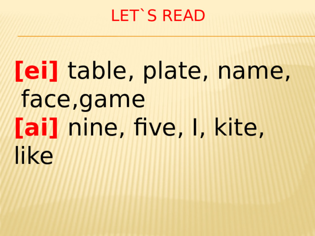 Let`s read [ei] table, plate, name,  face,game [ai] nine, five, I, kite, like 