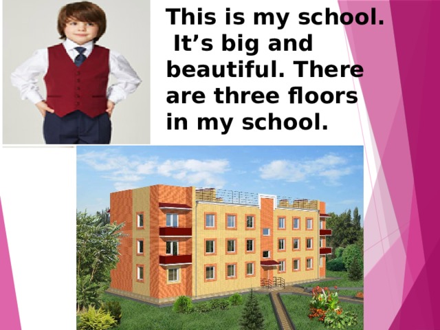 This is my school. It’s big and beautiful. There are three floors in my school. 