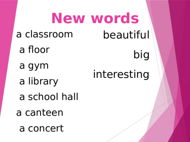 New words a classroom  a beautiful  a floor  big  a gym  interesting  a library   a school hall   a canteen  a concert 