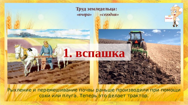 Труд земледельца:   «вчера»    «сегодня» 1. вспашка Рыхление и перемешивание почвы раньше производили при помощи сохи или плуга. Теперь это делает трактор. 