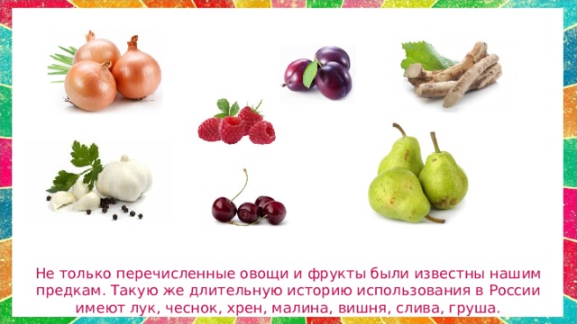 Не только перечисленные овощи и фрукты были известны нашим предкам. Такую же длительную историю использования в России имеют лук, чеснок, хрен, малина, вишня, слива, груша. 