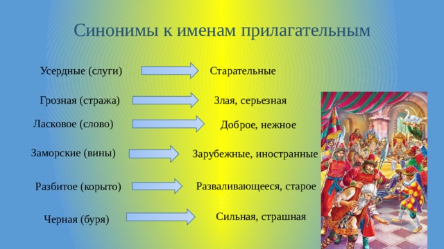 Синонимы к именам прилагательным Усердные (слуги) Старательные Злая, серьезная Грозная (стража) Ласковое (слово) Доброе, нежное Заморские (вины) Зарубежные, иностранные Разваливающееся, старое Разбитое (корыто) Сильная, страшная Черная (буря) 