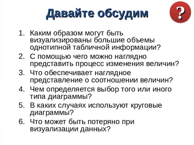 Давайте обсудим ? Каким образом могут быть визуализированы большие объемы однотипной табличной информации? С помощью чего можно наглядно представить процесс изменения величин? Что обеспечивает наглядное представление о соотношении величин? Чем определяется выбор того или иного типа диаграммы? В каких случаях используют круговые диаграммы? Что может быть потеряно при визуализации данных?   