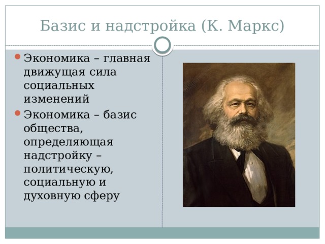 Базис и надстройка (К. Маркс) Экономика – главная движущая сила социальных изменений Экономика – базис общества, определяющая надстройку – политическую, социальную и духовную сферу 