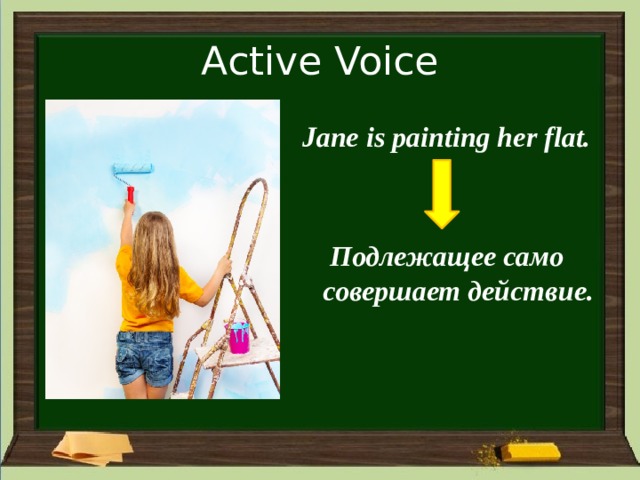 Active Voice Jane is painting her flat.   Подлежащее само совершает действие. 