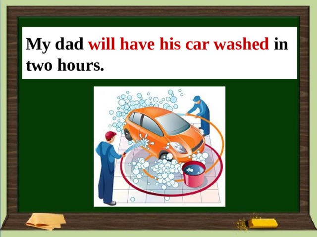 My dad _______ (his car/wash) in two hours. My dad  will have his car washed in two hours. 