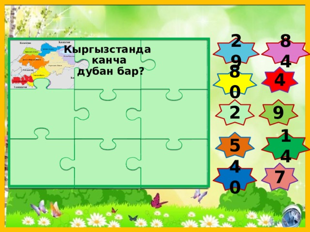 84 29 Кыргызстанда канча  дубан бар? 4 80 9 2 14 5 40 7  